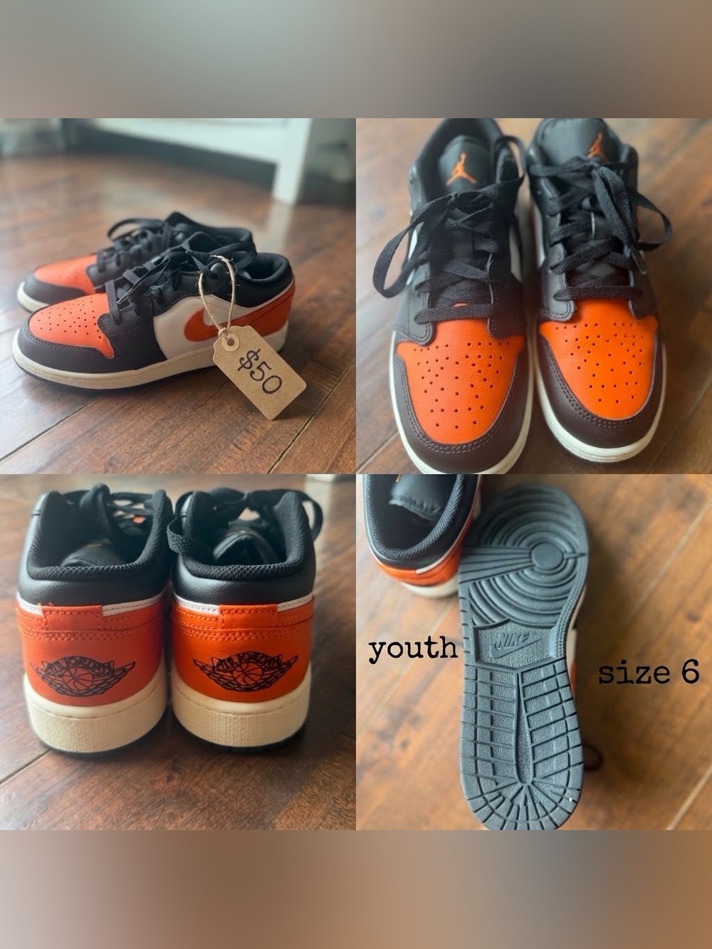 Jordan Youth Low Top Sneakers in Orange, Black, White